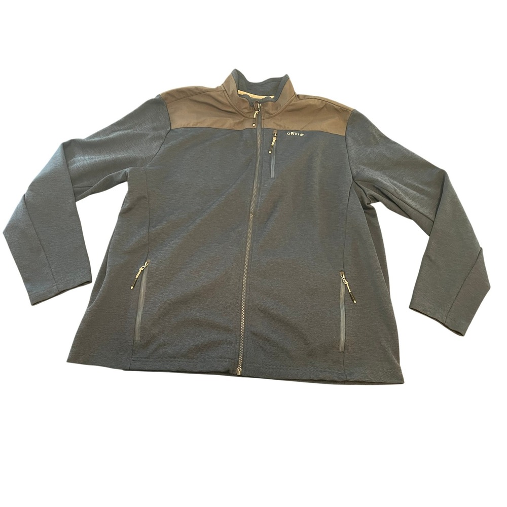 Orvis Classic Collection Mens XXL Blue Full Zip Grid Fleece Jacket Brown Trim